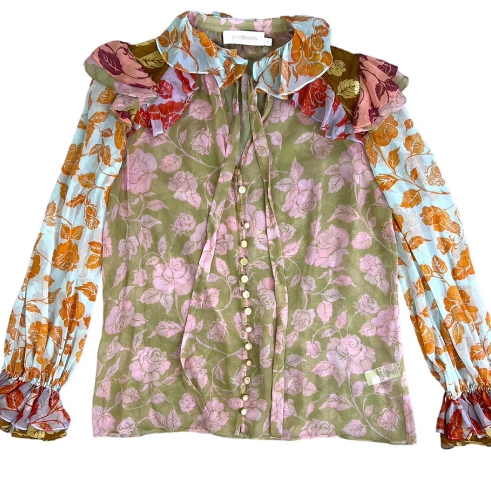 Zimmermann The Lovestruck Ruffle Silk  Shirt  Floral Roses Sheer blouse size 1 - Picture 8 of 12